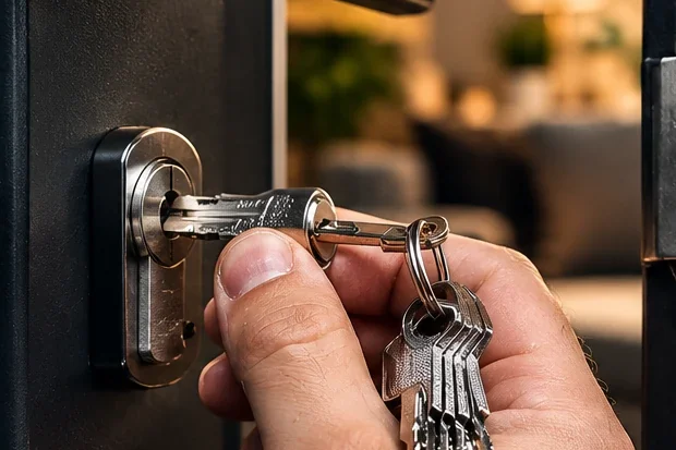 Cerrajero abriendo con llave la cerradura de una puerta de vivienda en Murcia